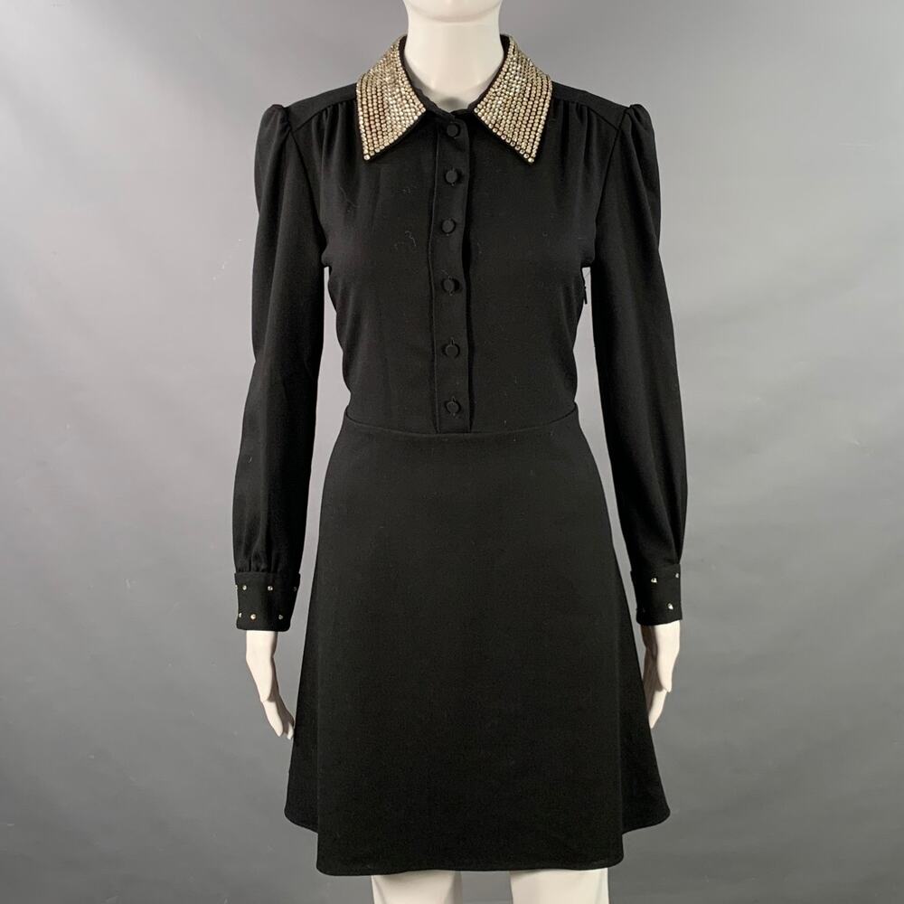 SAINT LAURENT Size 8 Black Gold Wool Crepe Rhinestones Long Sleeve Dress